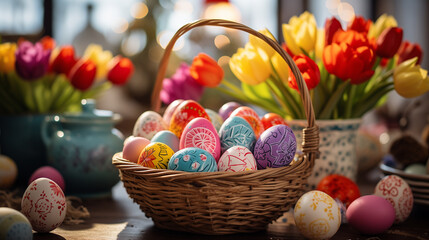 Fototapeta na wymiar Colorful Easter eggs in wicker basket and tulips