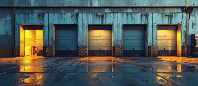 Row of loading docks with shutter doors at a warehouse. Creative Banner. Copyspace image