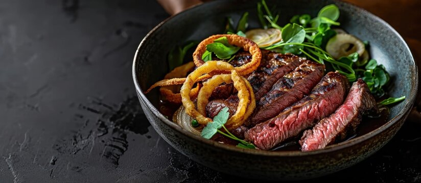 Modern style traditional Cuban dry aged angus bistec encebollado steak with onion rings in soy sauce served as top view in a Nordic design bowl with copy space. Creative Banner. Copyspace image