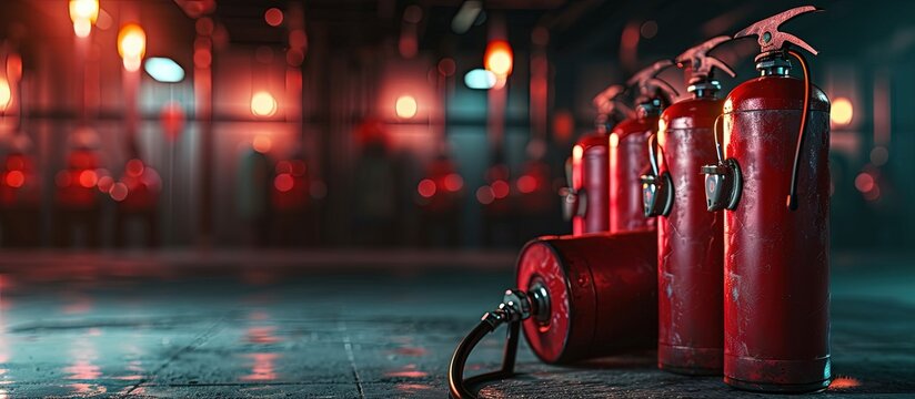 red fire extinguishers in the production of different volumes for extinguishing. Creative Banner. Copyspace image