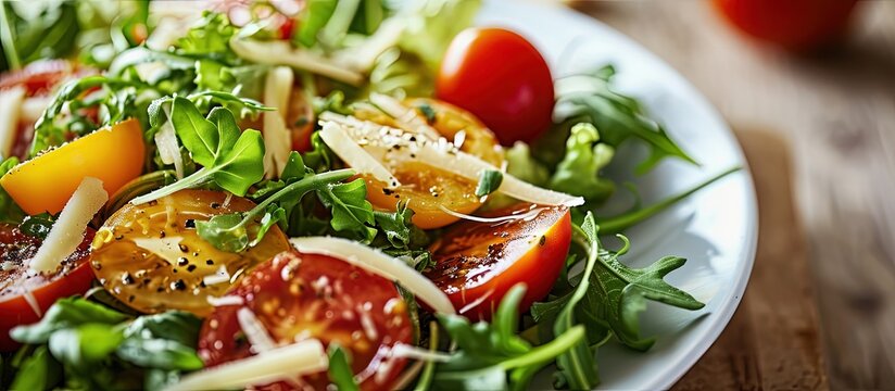 Tomato salad with lettuce cheese and mustard and garlic dressing Top view. Creative Banner. Copyspace image