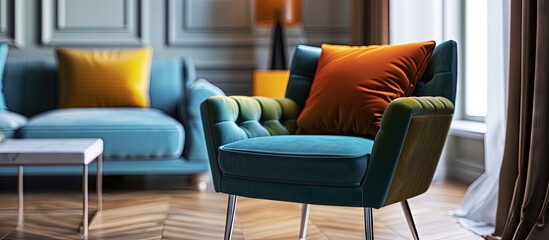 Orange pillow on green armchair near blue couch in colorful living room interior Real photo. Creative Banner. Copyspace image