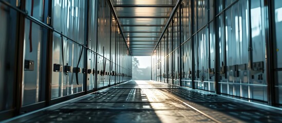 View inside the semi trailer Tie straps for securing loads hang on the side aluminum boards. Creative Banner. Copyspace image - obrazy, fototapety, plakaty