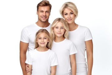 Fototapeta na wymiar happy young family in white t-shirts holding hands mockup isolated on white