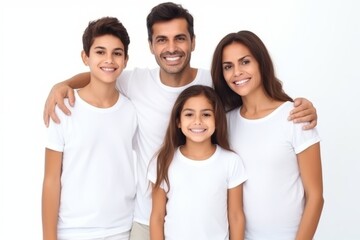 happy young family in white t-shirts holding hands mockup isolated on white