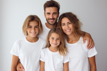 Fototapeta premium happy young family in white t-shirts holding hands mockup isolated on white
