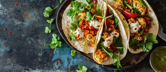 Spicy roasted cauliflower tacos with cilantro and mexican crema. Creative Banner. Copyspace image - obrazy, fototapety, plakaty
