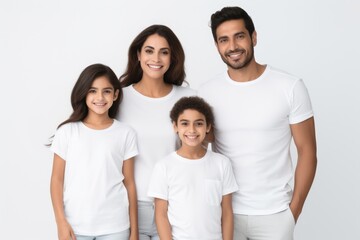 happy young hispanic family in white t-shirts holding hands mockup isolated on white - Powered by Adobe