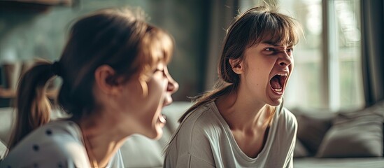 Teenage girl in difficult mood with angry mom. Creative Banner. Copyspace image - obrazy, fototapety, plakaty