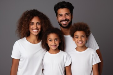 happy young african american family in white t-shirts holding hands mockup isolated on white - Powered by Adobe