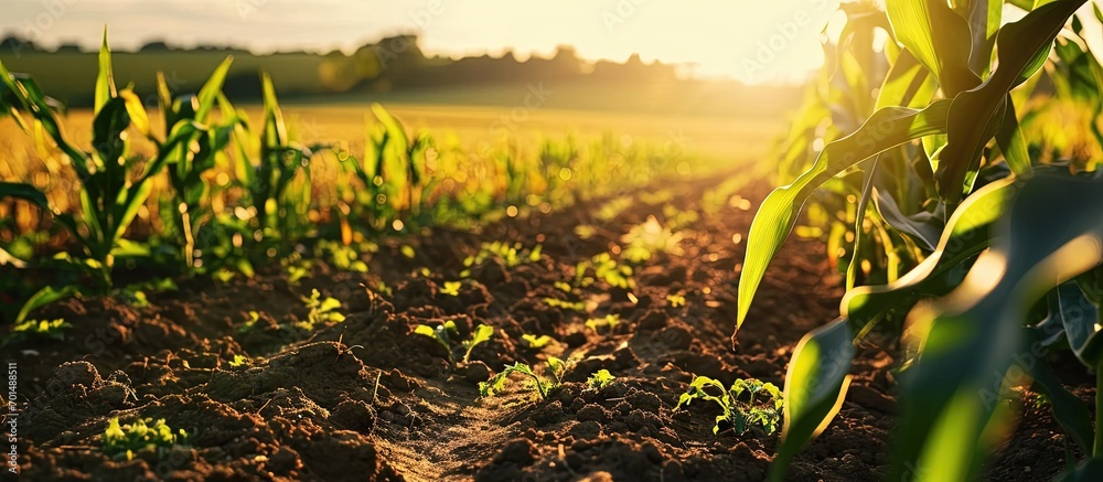 Poster rows of young corn plants on a fertile field with dark soil green corn field in the sunset green cor