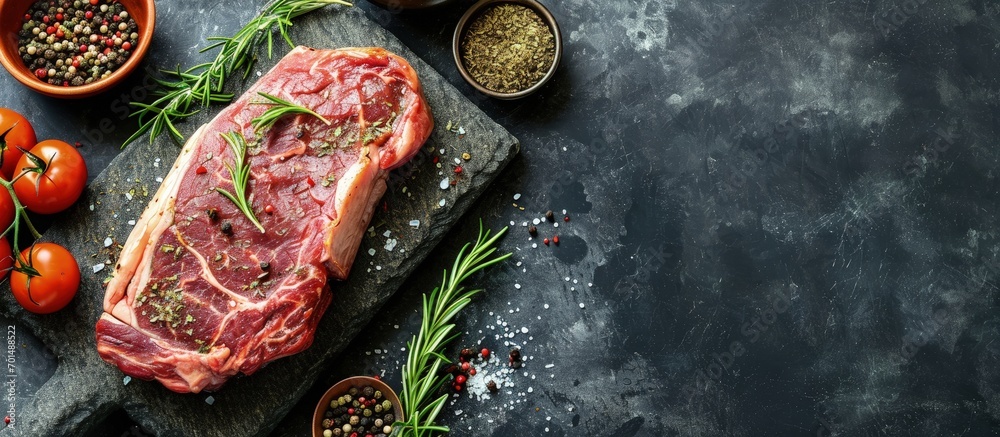 Aufkleber ribeye fresh raw beef steak with spices on stone board top view flat lay with copy space. creative b