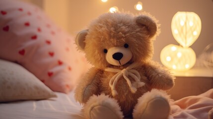  a brown teddy bear sitting on top of a bed next to pillows and a night stand with lights in the background.