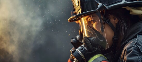 Naklejka premium Professional firefighter carefully adjust the straps and positioning of the mask ensuring a secure and comfortable sit on their partner s face. Creative Banner. Copyspace image