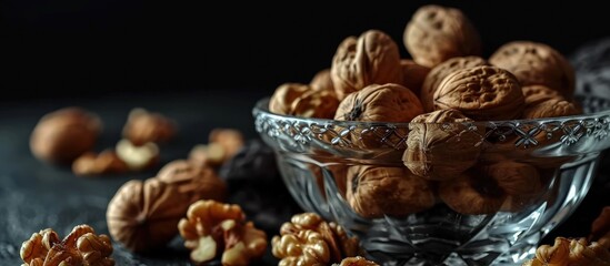 Fototapeta na wymiar walnuts in a clear glass bowl and scattered on a black table selective focus. Creative Banner. Copyspace image