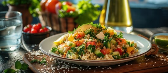 Obraz premium Vegetarian salad Tabule with bulgur grain and vegetables seasoned with olive oil and lemon juice served on the restaurant table with watter glass Copy space. Creative Banner. Copyspace image