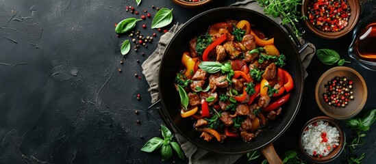 meat with vegetables Spicy raw meat and vegetables in a pan. Creative Banner. Copyspace image
