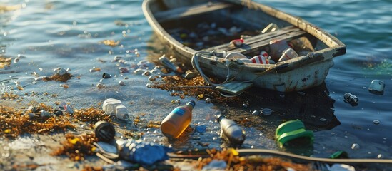 Ocean garbage cleanup icon set It included icons such as trash floating debris dirty beach debris trap dredging trawling and more. Creative Banner. Copyspace image