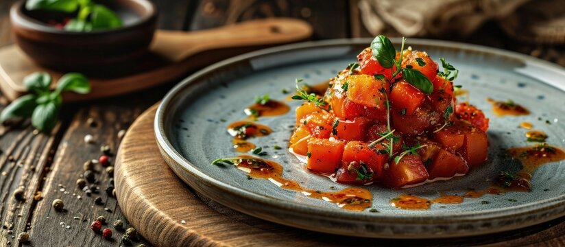 tartare made of roasted peppers tomatoes and sauce in a plate Vegetarian food. Creative Banner. Copyspace image