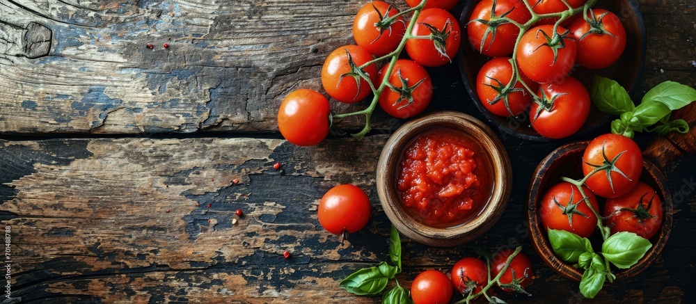 Aufkleber tomatoes paste with ripe tomatoes on wooden tables top view. creative banner. copyspace image