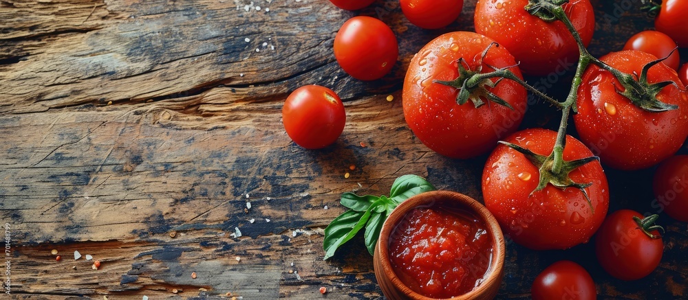 Poster tomatoes paste with ripe tomatoes on wooden tables top view. creative banner. copyspace image