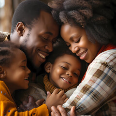 Joyful family moment with parents and children, reflecting the warmth and love within a diverse family unit.
