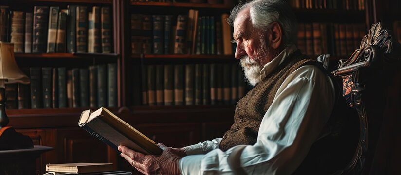 Senior man hands holding an old book in a library. Creative Banner. Copyspace image