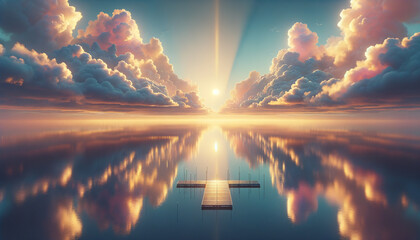 Tranquil Data Lake at Dawn: Pastel and neon hues blend in a reflective body of water, with a minimalist dock at the shore.