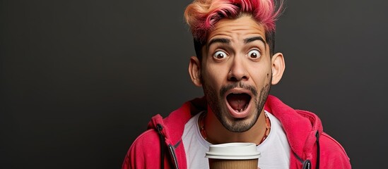 Young hispanic man with modern dyed hair drinking a cup of coffee in shock face looking skeptical and sarcastic surprised with open mouth. Creative Banner. Copyspace image - obrazy, fototapety, plakaty