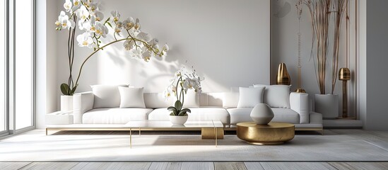 Minimalist living room decor in Scandinavian or Japanese style Golden with branches of white orchids. Creative Banner. Copyspace image
