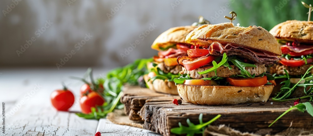 Poster sandwiches with beef fresh vegetables and herbs on rustic wooden chopping board over white wood back
