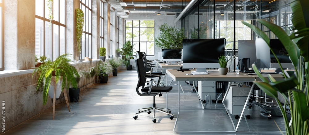Poster modern empty elegant office with windows and workplaces mixed media. creative banner. copyspace imag