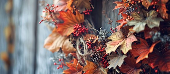 Step by step tutorial autumn paper wreath Step 5 wreath is ready Add ribbon or rope for hanging Top view. Creative Banner. Copyspace image