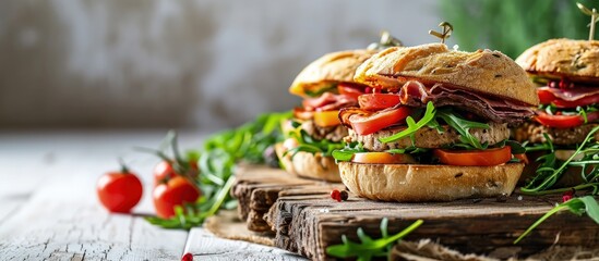 Sandwiches with beef fresh vegetables and herbs on rustic wooden chopping board over white wood backdrop top view horizontal. Creative Banner. Copyspace image - obrazy, fototapety, plakaty