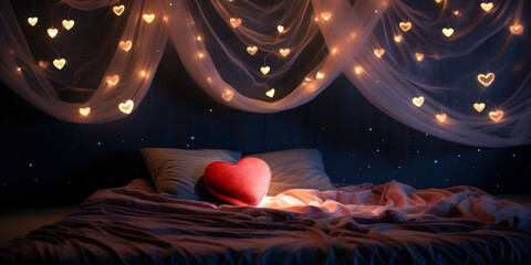  Large plush heart shaped pillow,rich in red color lying on bed,above the bed sheer fabric drapes gracefully, adorned with a string of lights shaped like hearts.Romantic bedroom scene.Valentines Day  - obrazy, fototapety, plakaty