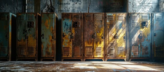 Old yellow and green metal gym gymnasium lockers with old drop ceiling. Creative Banner. Copyspace image