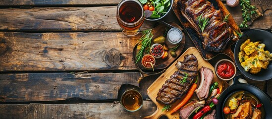 Wooden table served with various grilled meat vegetables and glasses of beer Striploin steak ribeye steak and lamb ribs on wooden cutting boards Top view. Creative Banner. Copyspace image - obrazy, fototapety, plakaty