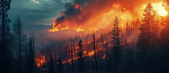 Wildfires destroy numerous beauty spots devastating land and peoples lives. Creative Banner. Copyspace image - obrazy, fototapety, plakaty