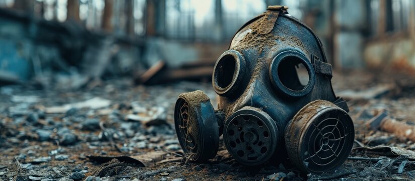 Old Soviet gas masks against radiation that were used during the liquidation of the Chernobyl accident. Creative Banner. Copyspace image