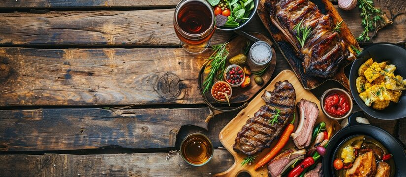 Wooden table served with various grilled meat vegetables and glasses of beer Striploin steak ribeye steak and lamb ribs on wooden cutting boards Top view. Creative Banner. Copyspace image