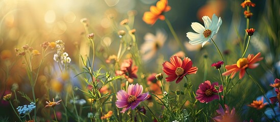 The red and purple flowers look so beautiful surrounded by green nature bright sunshine under the open sky. Creative Banner. Copyspace image