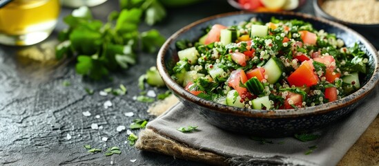 Tabbouleh salad traditional Middle Eastern or Arabic cuisine Levantine vegetarian salad with bulgur quinoa tomato cucumber parsley and lemon juice Tabbouleh with bulgur closeup. Creative Banner