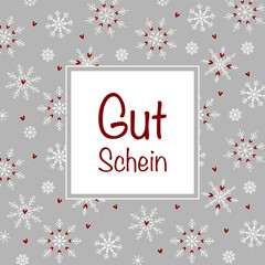 Gutschein - Schriftzug in deutscher Sprache. Quadratische Gutscheinkarte mit einem Rahmen aus Schneekristallen und Herzen.