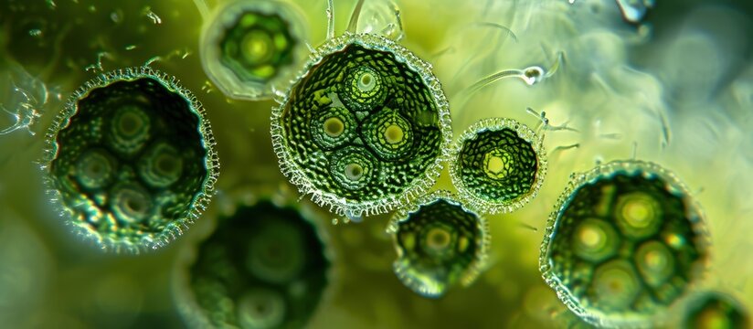 Micrasterias a genus of beautiful green algae from desmid group The species probably Micrasterias apiculata 100x magnification with selective focus. Creative Banner. Copyspace image