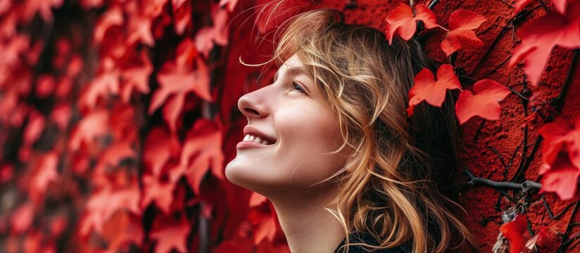 Young happy woman upon a wall of red ivy leaves. Creative Banner. Copyspace image