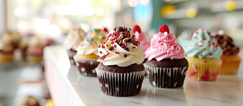 Many different cupcakes with decorations and toppings in a pastry shop. Creative Banner. Copyspace image