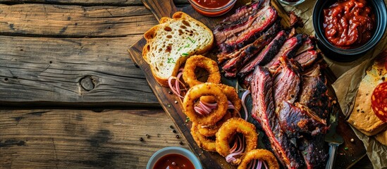 Traditional smoked barbecue wagyu beef brisket offered with farmhouse bread as top view on an old cutting board with Louisiana sauce onion rings and peperoni. Creative Banner. Copyspace image - obrazy, fototapety, plakaty