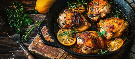 Oven Roasted Greek Chicken Quarters in a Cast Iron Skillet Pieces of chicken marinated in Greek yogurt lemons and herbs. Creative Banner. Copyspace image - obrazy, fototapety, plakaty