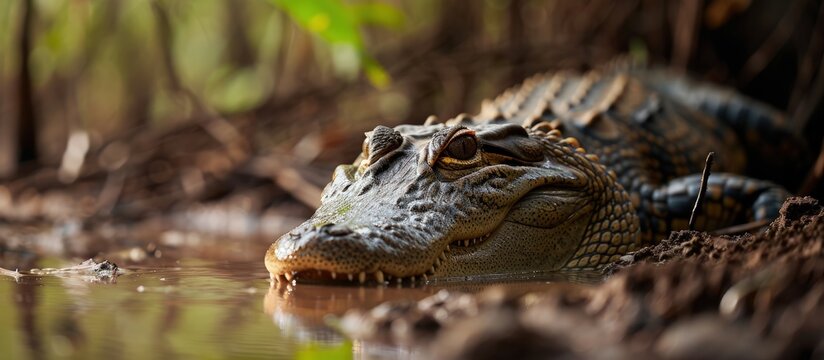 Saltwater crocodile Crocodylus porosus hiding in muddy waters of South Vietnam on Can Gio Mangrove Forest. Creative Banner. Copyspace image