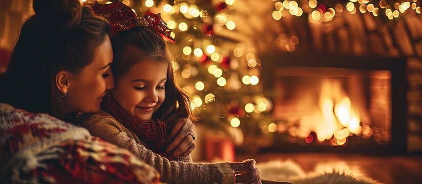 Young mother and daughter by a fireplace on Christmas. Creative Banner. Copyspace image